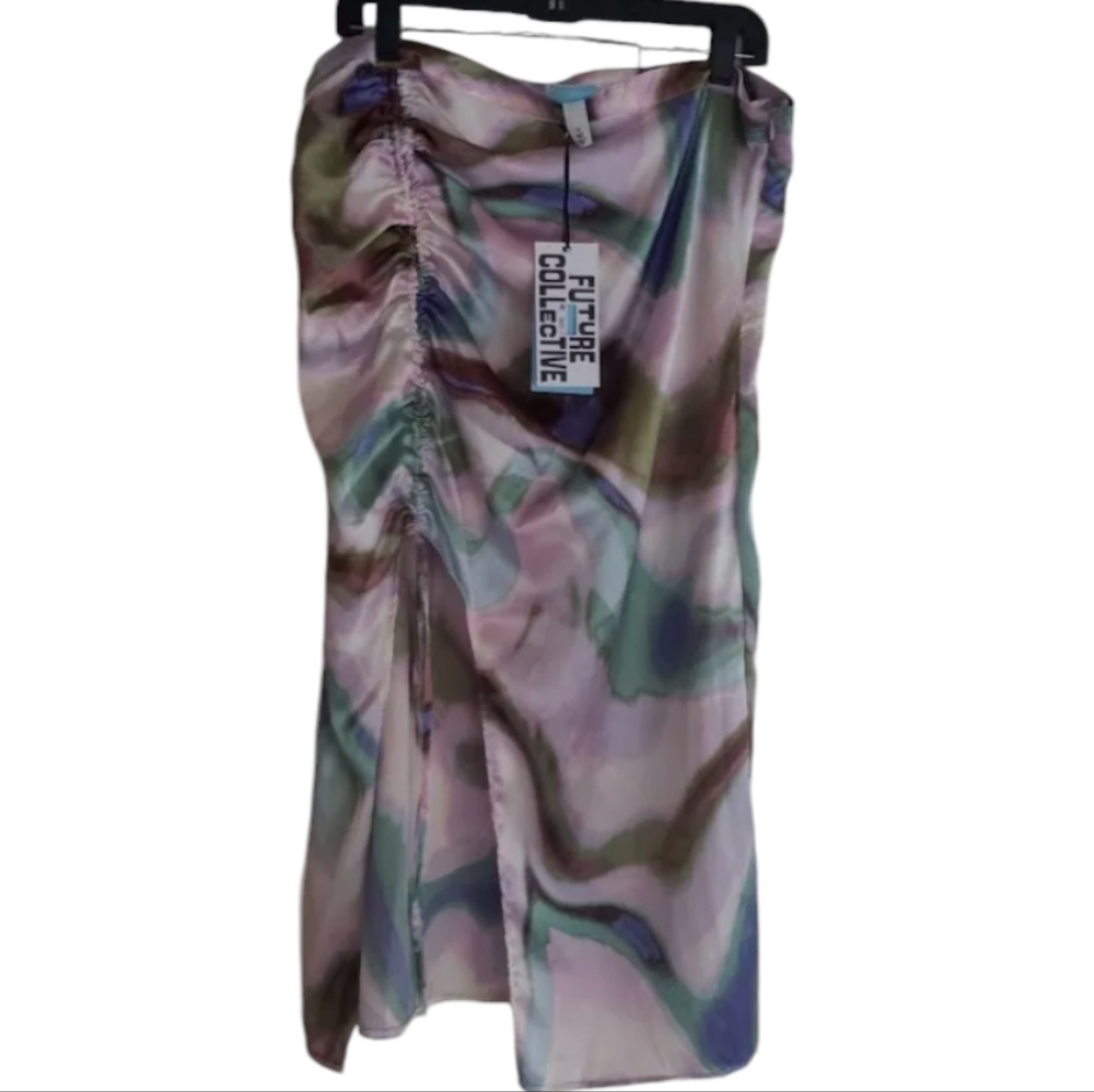 Future Collective Marbled Silk Curved Hem Midi Skirt